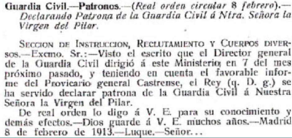 Reproducción en prensa de la Real Orden de 8 de febrero de 1913 declarando Patrona de la Guardia Civil a la Virgen del Pilar