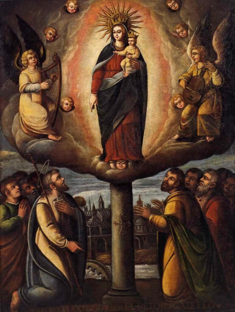 Ilustración antigua de la Virgen del Pilar apareciéndose al apóstol Santiago