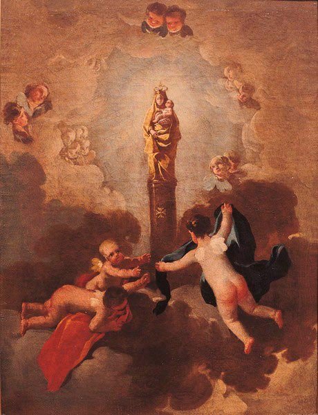 Pintura barroca de la Virgen del Pilar con manto y corona rodeada de ángeles
