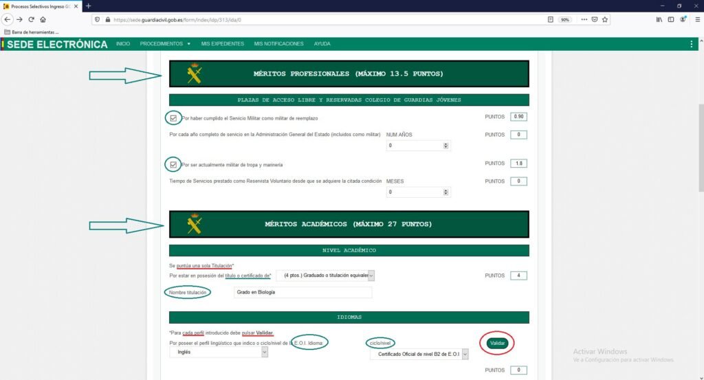 baremación méritos profesionales académicos guardia civil puntos