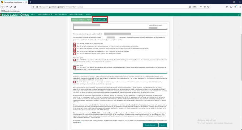 declaración jurada guardia civil instancia requisitos legales