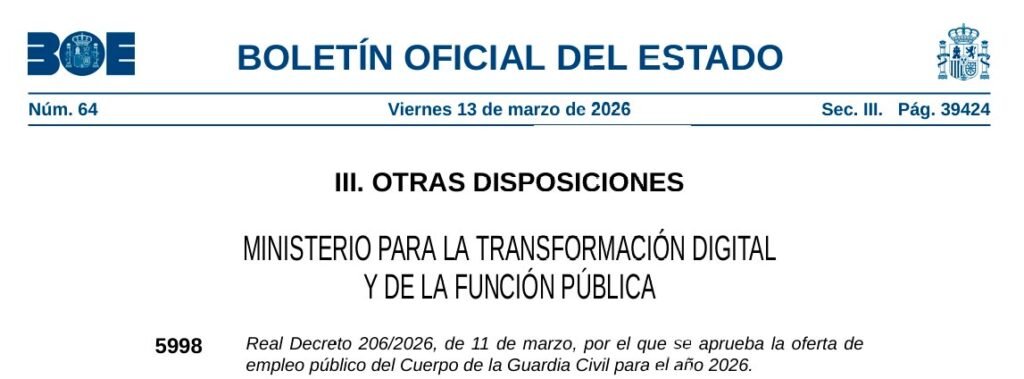 Oferta de Empleo Público 2026 de la Guardia Civil publicada en el BOE con 3240 plazas de ingreso
