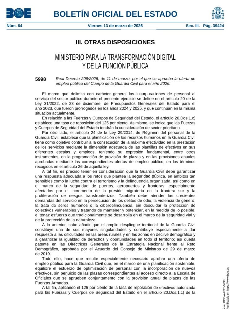 Primera página del BOE con el Real Decreto 206/2026 que aprueba la Oferta de Empleo Público de la Guardia Civil 2026