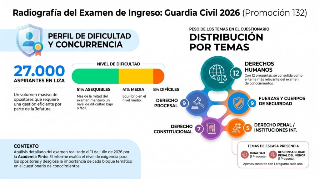 Infografía con el análisis del examen de ingreso en la Guardia Civil 2026 mostrando la dificultad del examen y la distribución de preguntas por temas.