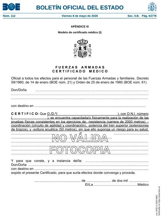 Modelo de certificado médico para personal de las Fuerzas Armadas