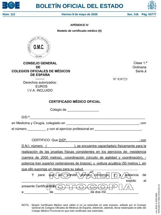 Modelo de certificado médico oficial para las pruebas físicas de Guardia Civil