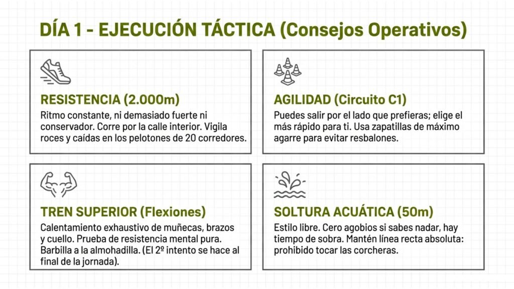 Consejos para carrera de 2000 metros, circuito C1, flexiones y natación