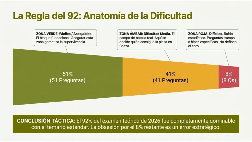 Nivel de dificultad del examen Guardia Civil 2026 con 51 preguntas asequibles, 41 medias y 8 difíciles