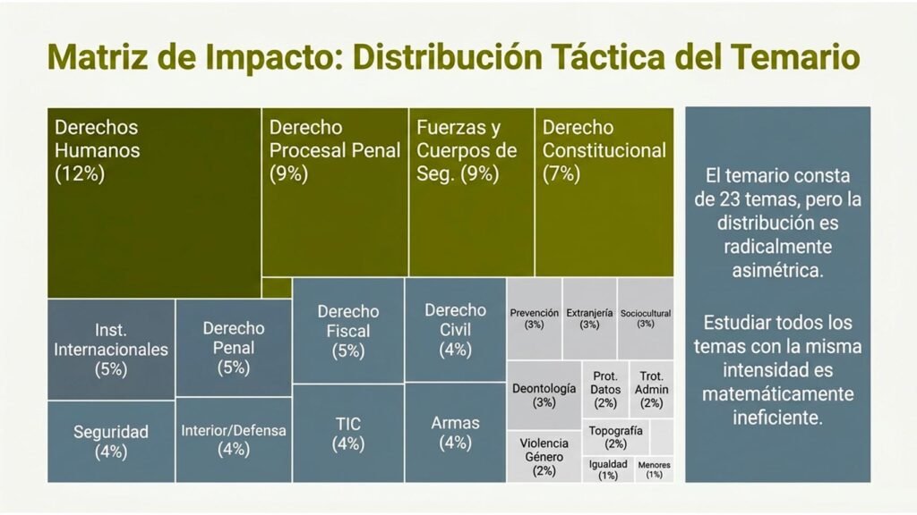 Distribución de las preguntas del examen Guardia Civil 2026 por materias del temario