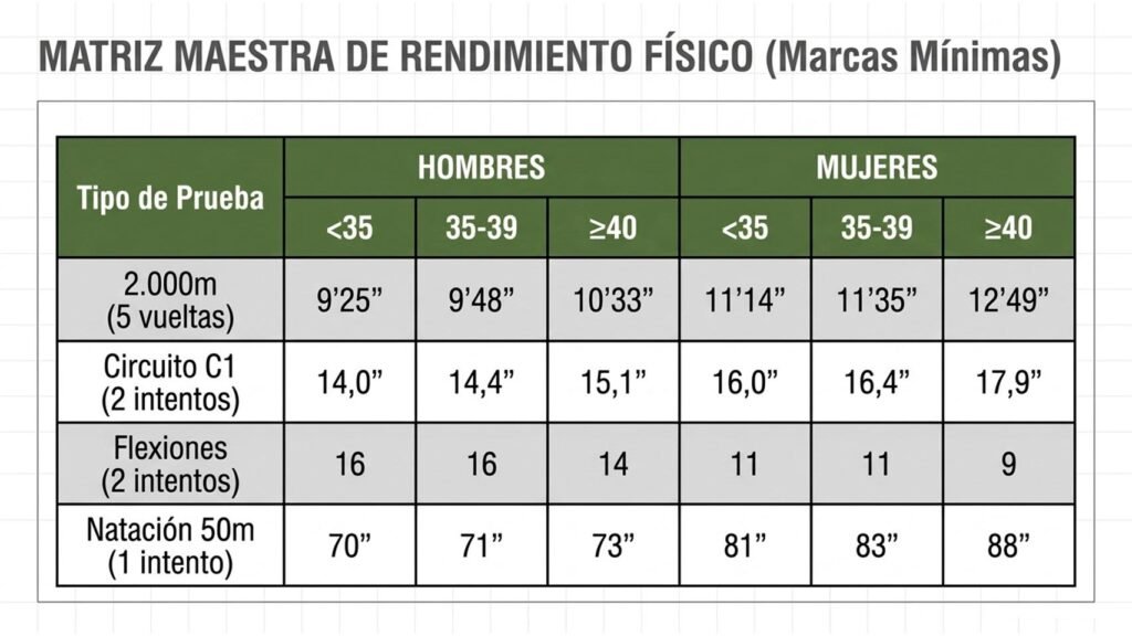 Tabla de marcas mínimas de las pruebas físicas de Guardia Civil 2026