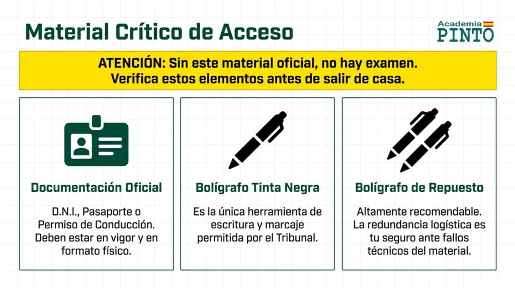 Documentación oficial y bolígrafos necesarios para realizar el examen de Guardia Civil