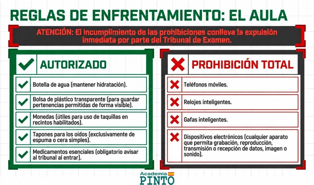 Objetos autorizados y prohibidos en el aula durante el examen de Guardia Civil