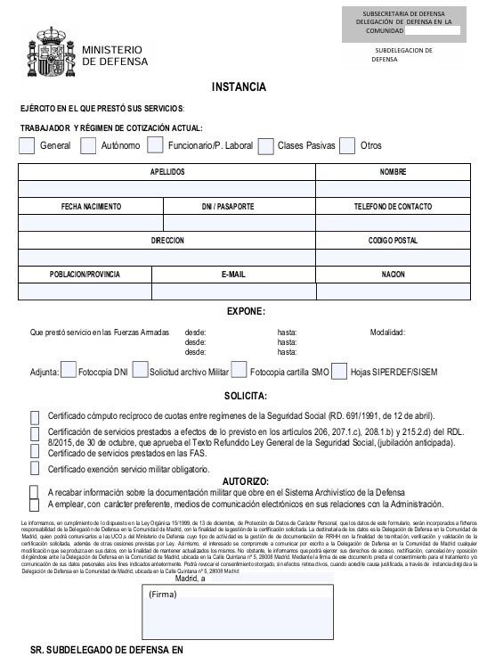 Modelo de solicitud de Hoja General de Servicios para personal militar